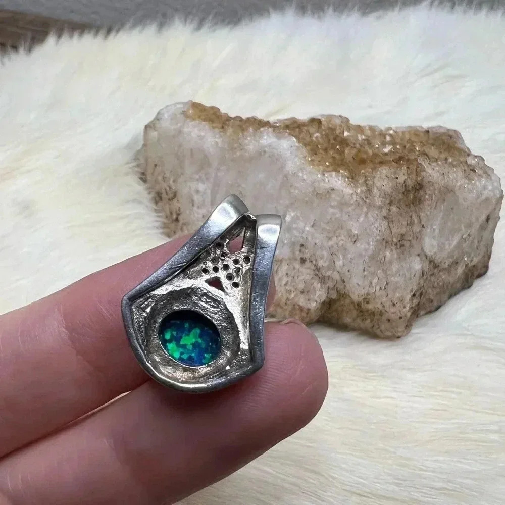 Lab-Created Hawaiian Blue Opal Pendant in Sterling Silver with CZ Accents - Picture 2 of 4
